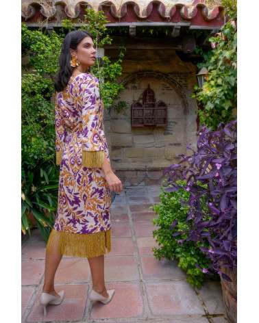 Vestido Eira ramas. Estampado mostaza morado flecos