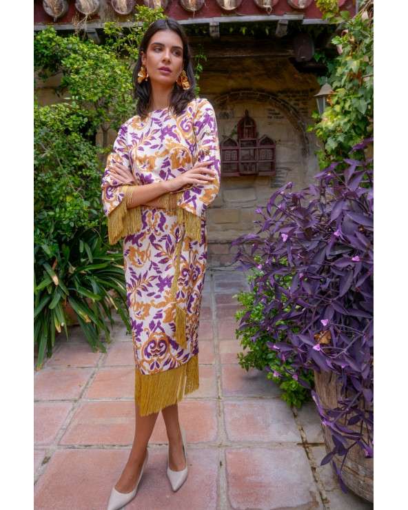 Vestido Eira ramas. Estampado mostaza morado flecos