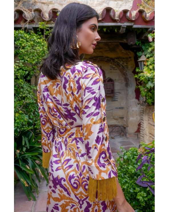 Vestido Eira ramas. Estampado mostaza morado flecos