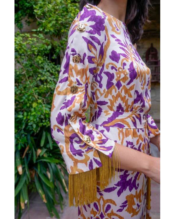 Vestido Eira ramas. Estampado mostaza morado flecos
