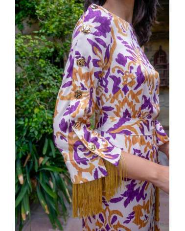Vestido Eira ramas. Estampado mostaza morado flecos