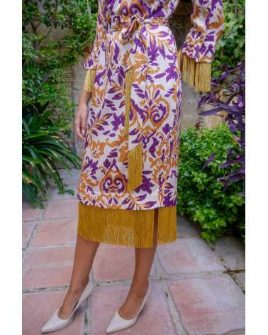 Vestido Eira ramas. Estampado mostaza morado flecos