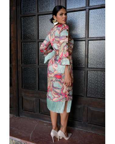 Vestido Dara midi estampado acuarela con flecos. Invitada Original