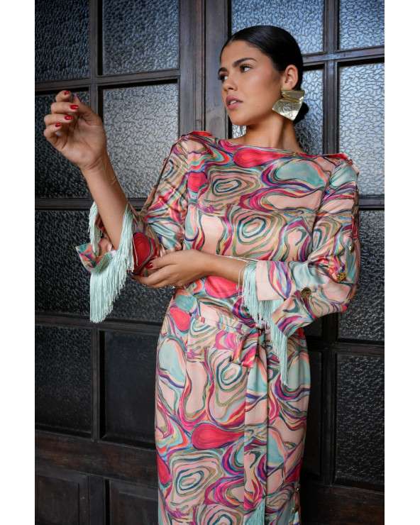 Vestido Dara midi estampado acuarela con flecos. Invitada Original