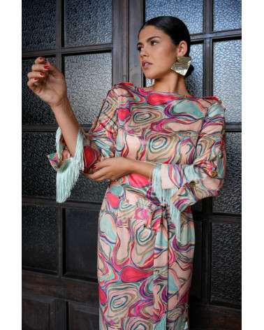 Vestido Dara midi estampado acuarela con flecos. Invitada Original