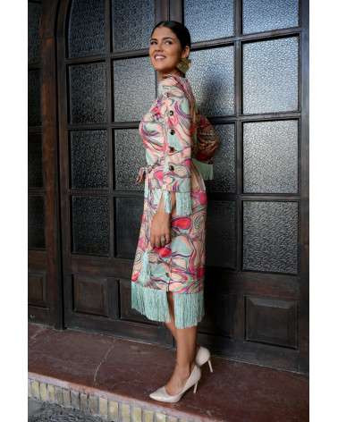 Vestido Dara midi estampado acuarela con flecos. Invitada Original
