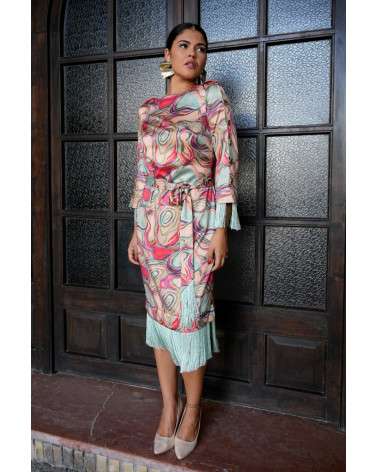Vestido Dara midi estampado acuarela con flecos. Invitada Original