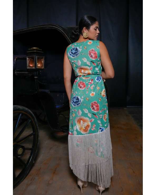 Vestido Cara estampado verde con flecos. Vestido invitada original.