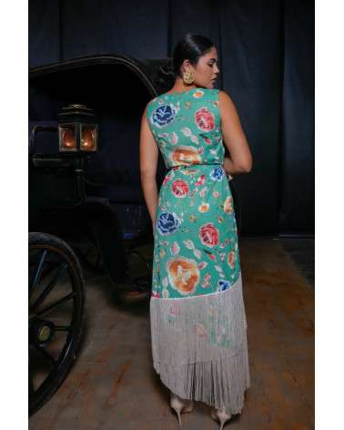 Vestido Cara estampado verde con flecos. Vestido invitada original.