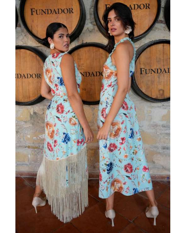 Vestido Cara Aqua estampado con flecos.