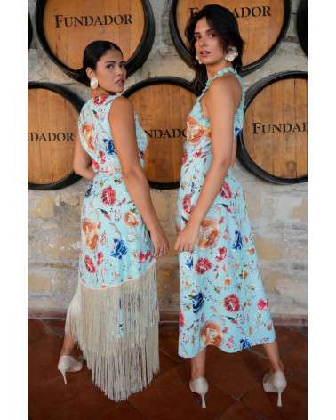 Vestido Cara Aqua estampado con flecos.