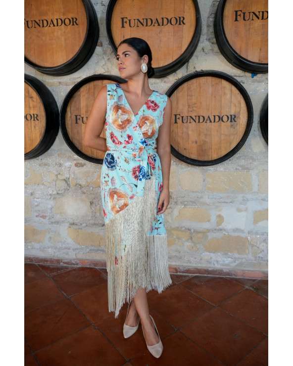 Vestido Cara Aqua estampado con flecos.