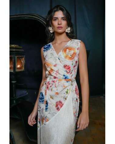Vestido Crudo Estampado con flecos. Invitada Original.