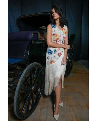 Vestido Crudo Estampado con flecos. Invitada Original.