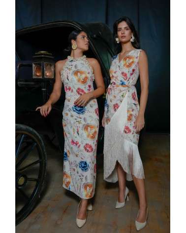 Vestido Crudo Estampado con flecos. Invitada Original.