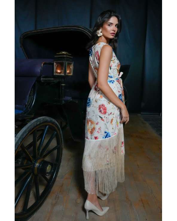 Vestido Crudo Estampado con flecos. Invitada Original.