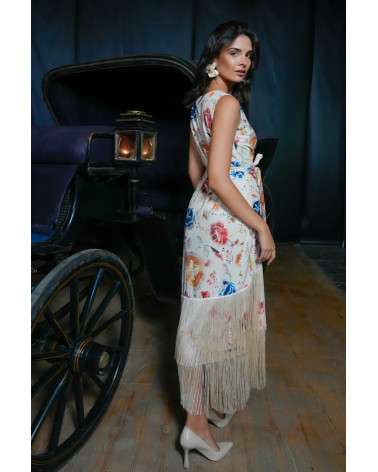 Vestido Crudo Estampado con flecos. Invitada Original.