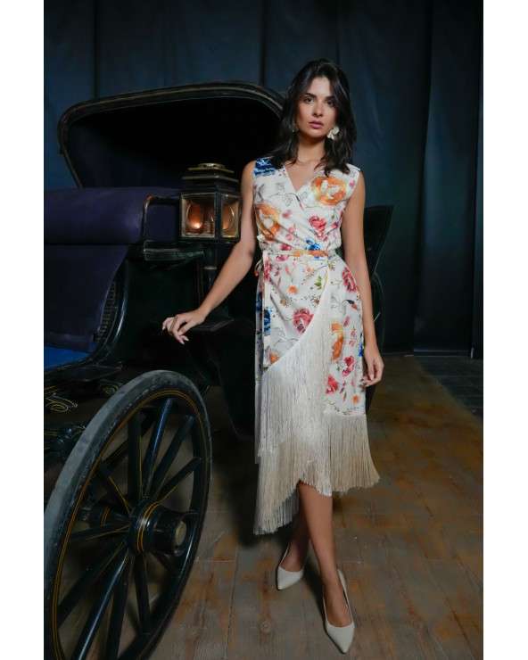 Vestido Crudo Estampado con flecos. Invitada Original.