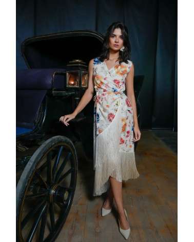 Vestido Crudo Estampado con flecos. Invitada Original.