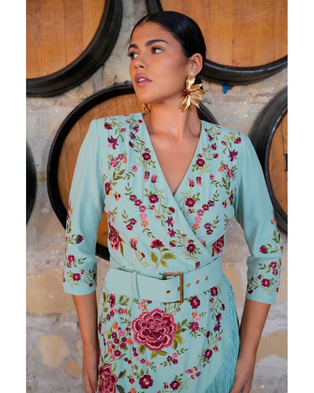 Vestido Olívia Azul bordado con flecos y cinturón