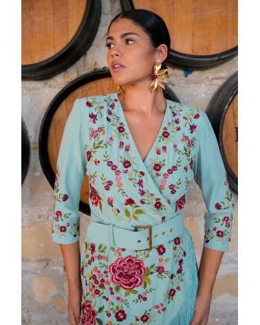 Vestido Olívia Azul bordado con flecos y cinturón