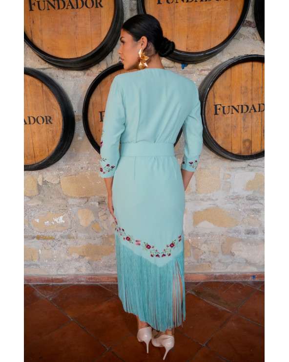 Vestido Olívia Azul bordado con flecos y cinturón