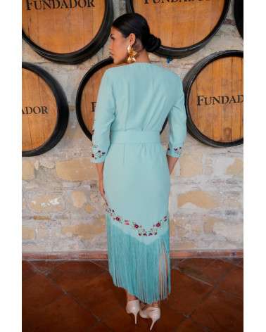 Vestido Olívia Azul bordado con flecos y cinturón