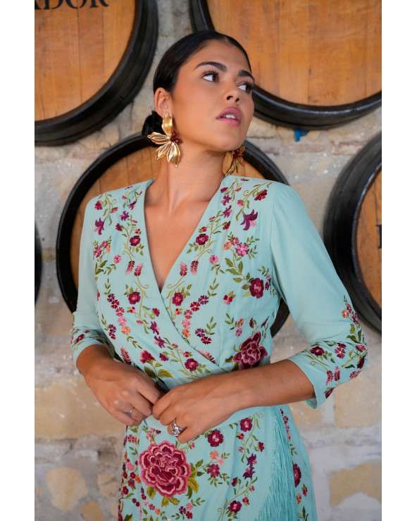 Vestido Olívia Azul bordado con flecos y cinturón