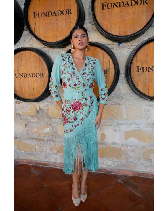 Vestido Olívia Azul bordado con flecos y cinturón