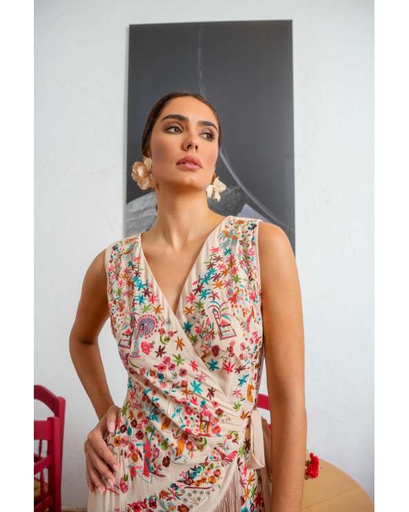 Vestido Mara Marfil con flecos bordado. Vestido invitada elegante