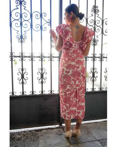 Vestido Iris Coral estampado invitada boda. Vestido midi elegante