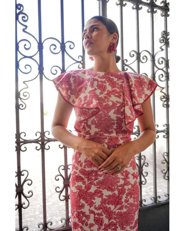 Vestido Iris Coral estampado invitada boda. Vestido midi elegante