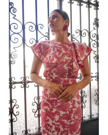 Vestido Iris Coral estampado invitada boda. Vestido midi elegante