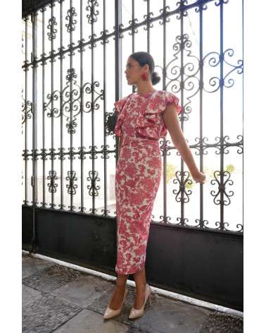 Vestido Iris Coral estampado invitada boda. Vestido midi elegante