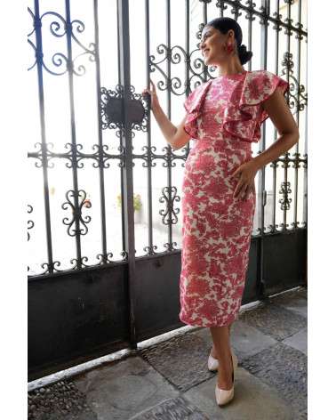 Vestido Iris Coral estampado invitada boda. Vestido midi elegante
