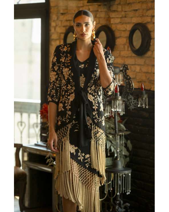 Vestido de fiesta bordado Negro con flecos elegante para invitadas