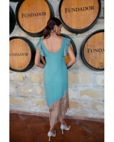 Vestido de Fiesta Bordado Verde con flecos elegante para invitadas