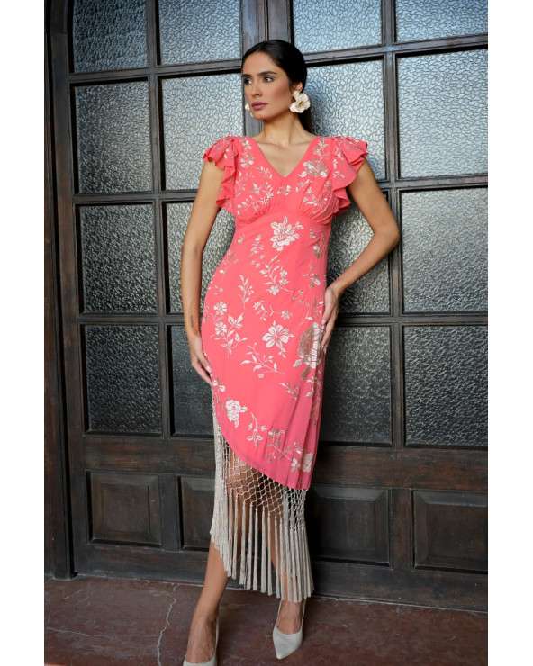 Vestido de Fiesta Coral Bordado con flecos elegante para invitada