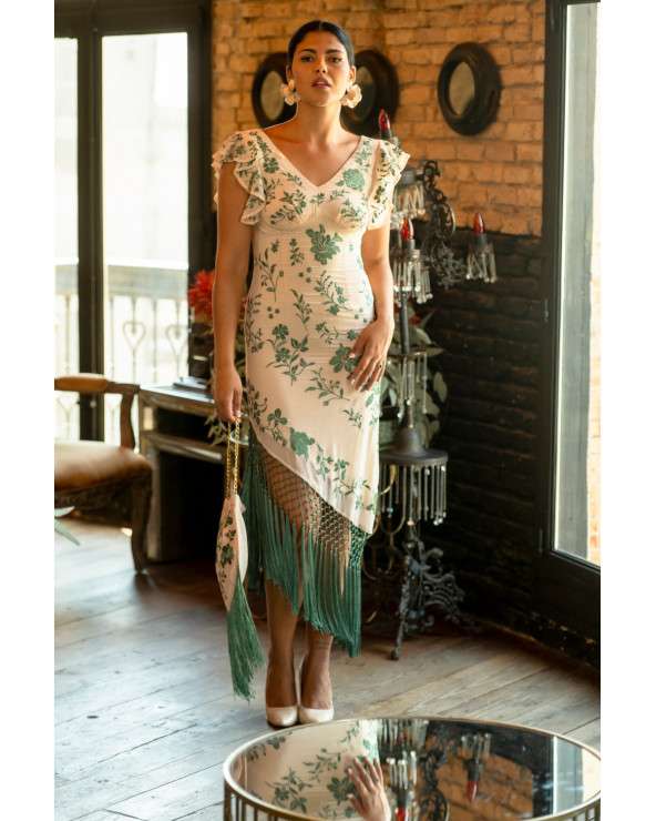 Vestido de Fiesta Bordado Beige con Flecos