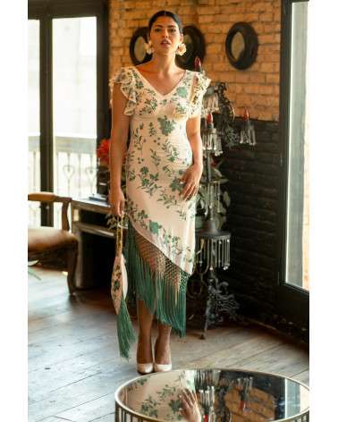 Vestido de Fiesta Bordado Beige con Flecos