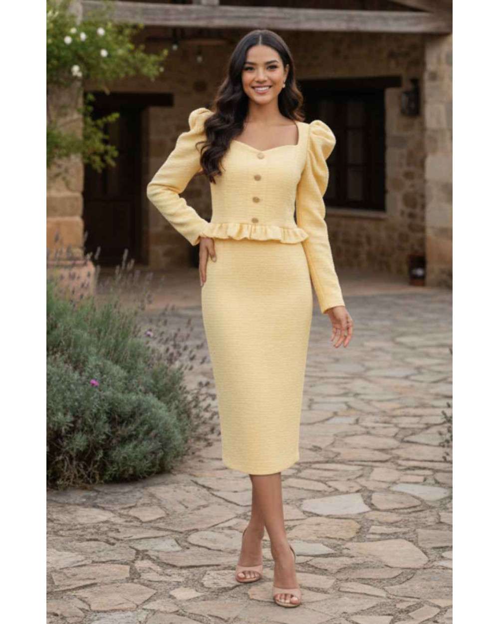 Conjunto amarillo elegante con falda midi | Conjunto Amirah