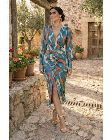 Vestido estampado elegante azul y coral | Vestido Arriate