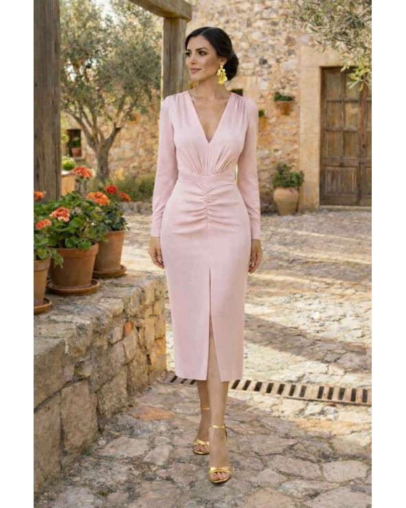 Vestido midi rosa empolvado elegante | Vestido Nadia