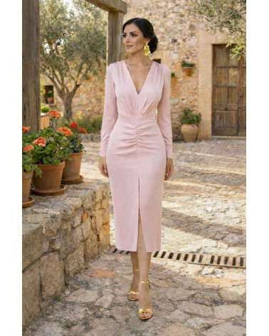 Vestido midi rosa empolvado elegante | Vestido Nadia