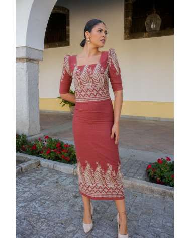 Conjunto Noura teja elegante con falda midi | Invitada boda