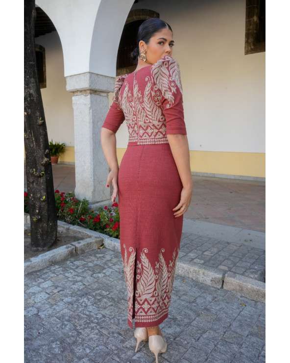 Conjunto Noura teja elegante con falda midi | Invitada boda