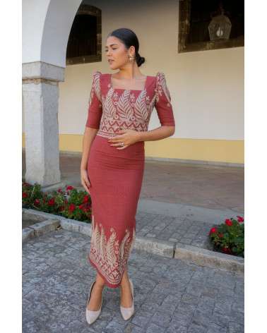 Conjunto Noura teja elegante con falda midi | Invitada boda