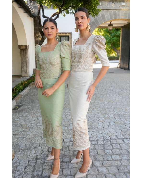 Conjunto Noura verde elegante con falda midi | Invitada boda