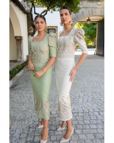 Conjunto Noura verde elegante con falda midi | Invitada boda