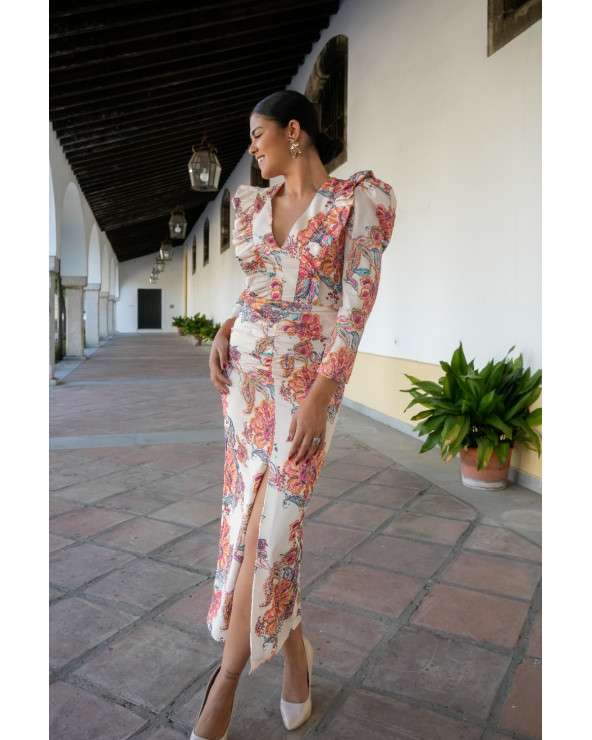 Vestido Emma beige estampado elegante midi | Invitada boda